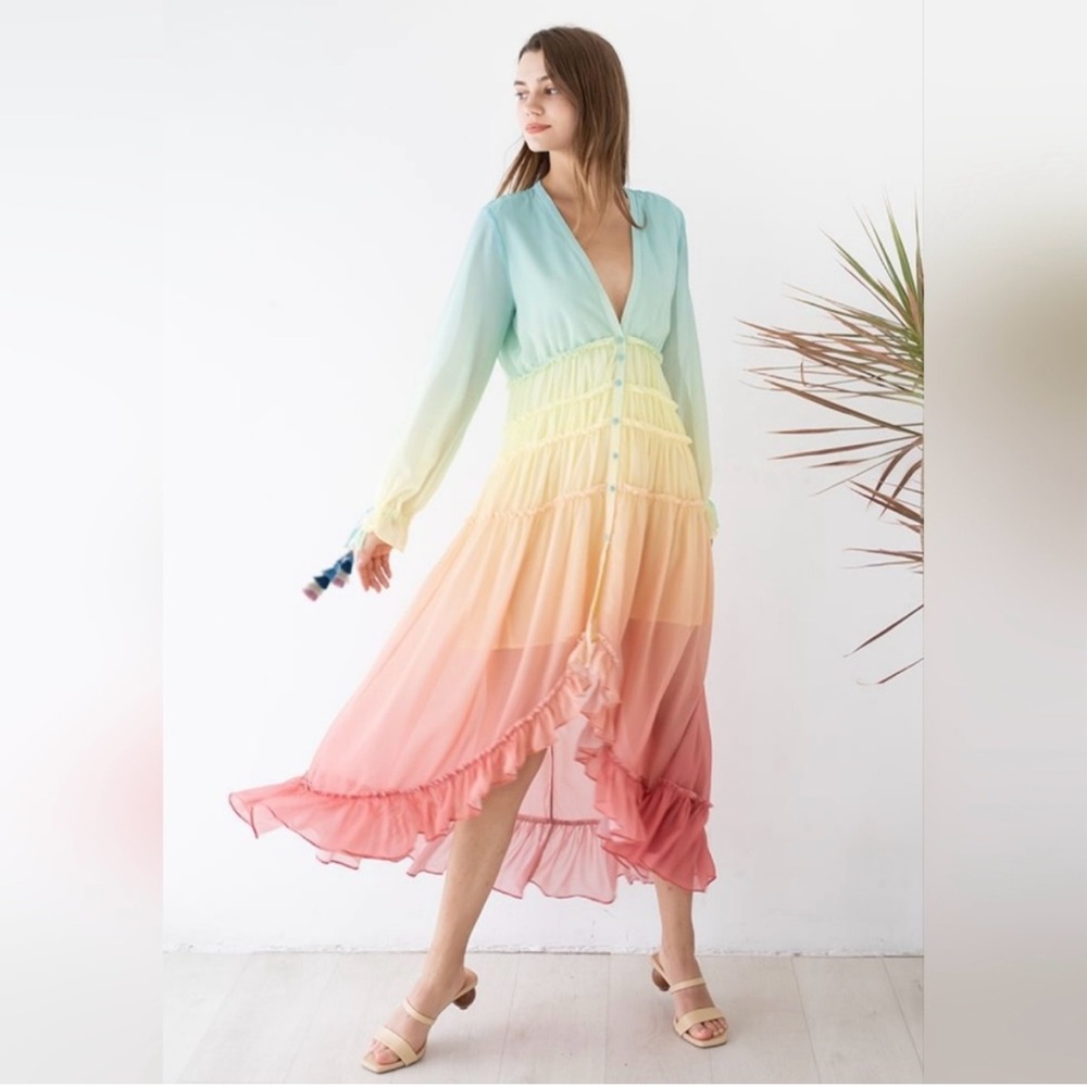 Multicolored Tiered Sundress with Plunge Neckline